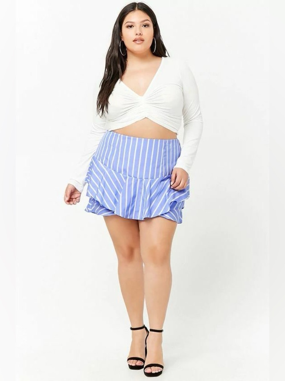 Forever 21+ Blue White Striped Tiered Ruffle Skort Plus Size 2X